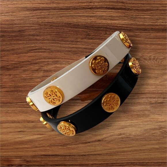 Rustic Cuff Meagan Genuine Leather Gold Studded Black White Wrap Bracelet - Picture 3 of 12